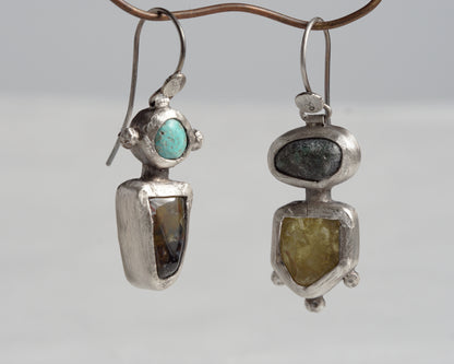 Handcrafted Silver Earrings with Turquoise, Pietersite, Emerald & Green Garnet