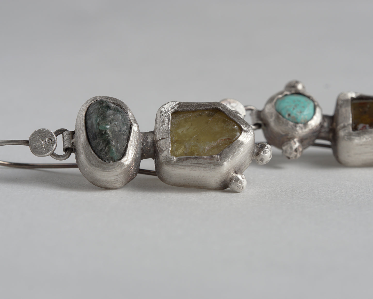 Handcrafted Silver Earrings with Turquoise, Pietersite, Emerald & Green Garnet