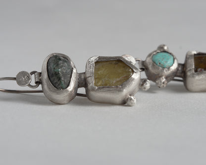 Handcrafted Silver Earrings with Turquoise, Pietersite, Emerald & Green Garnet
