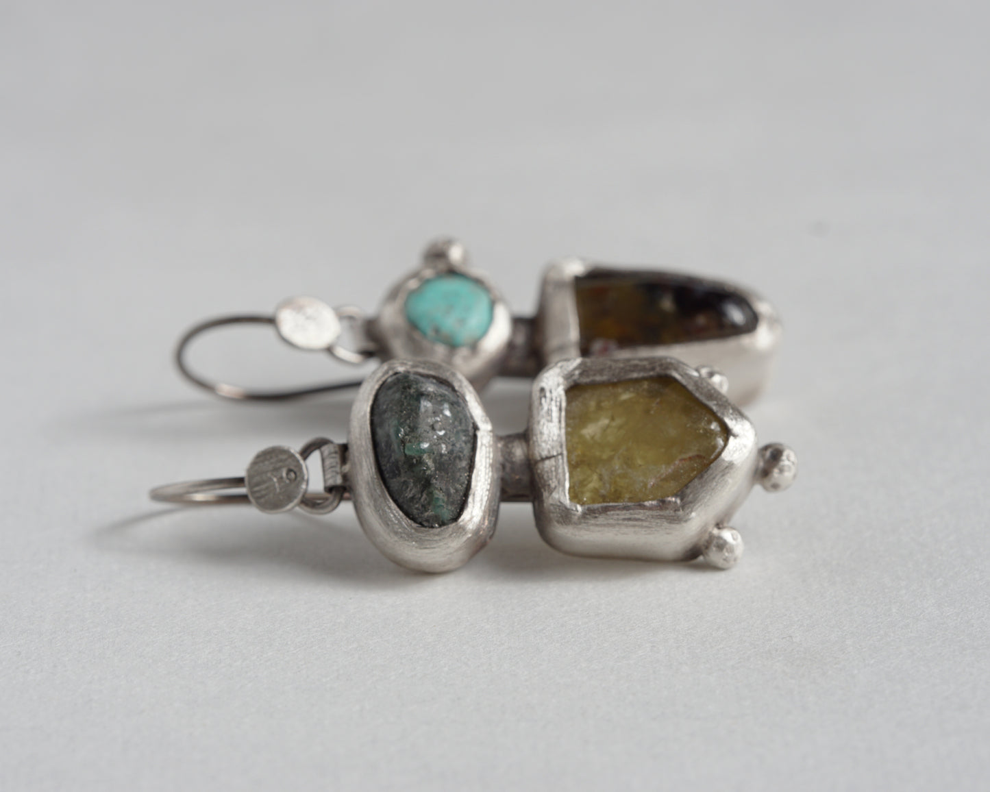 Handcrafted Silver Earrings with Turquoise, Pietersite, Emerald & Green Garnet