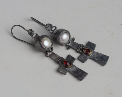 Blood Drop Pearl & Garnet Earrings