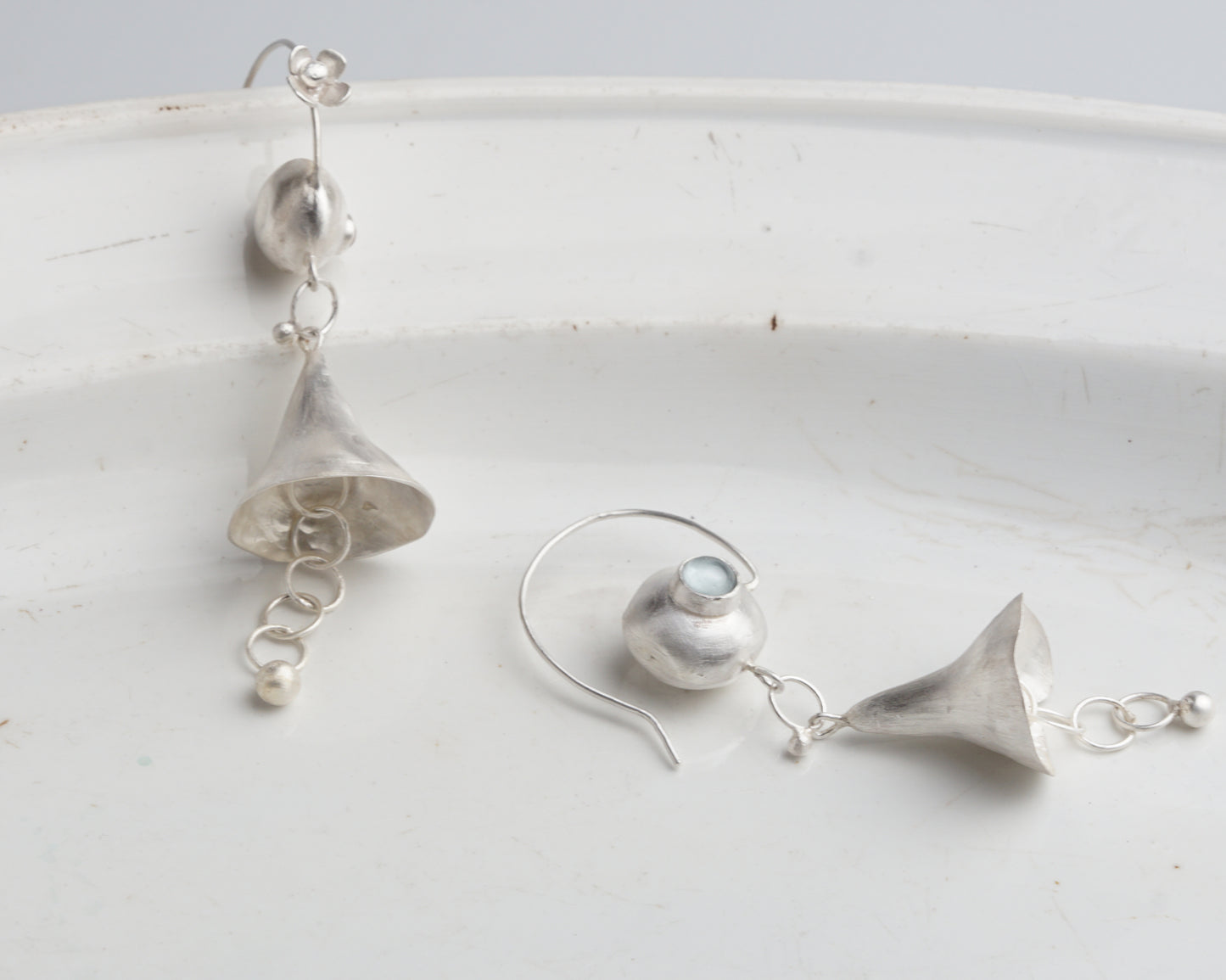 Silver Bellflower Gemstone Drop Earrings