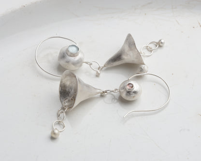 Silver Bellflower Gemstone Drop Earrings