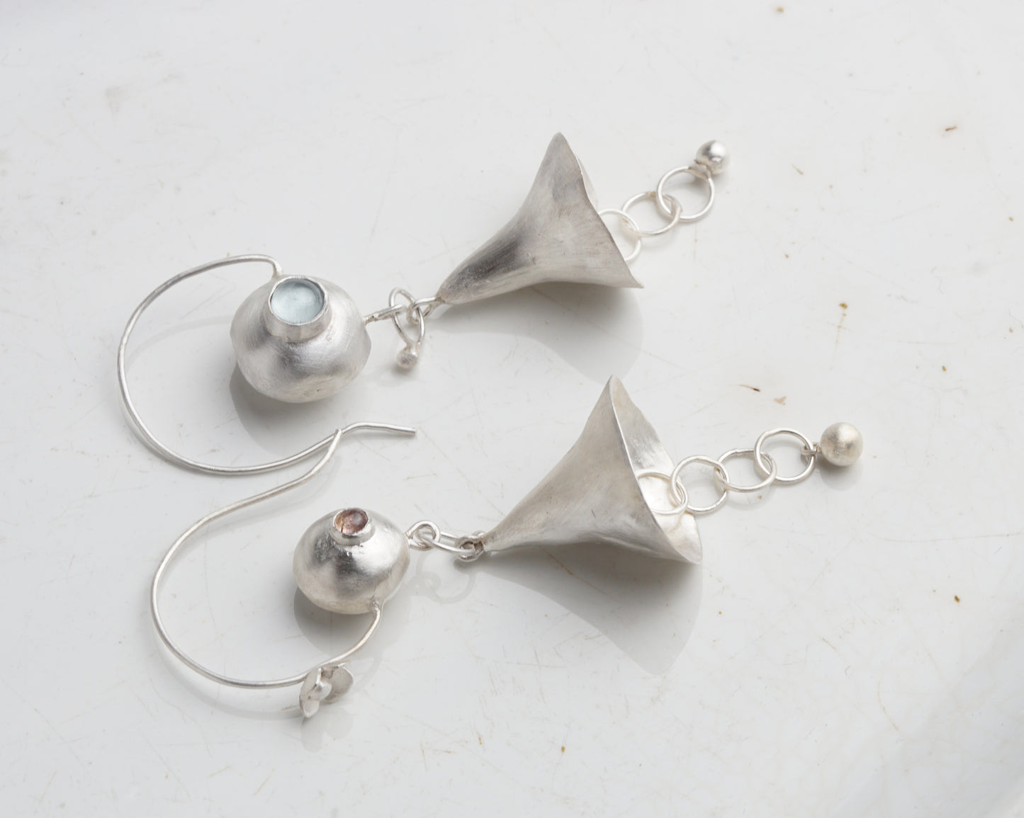 Silver Bellflower Gemstone Drop Earrings