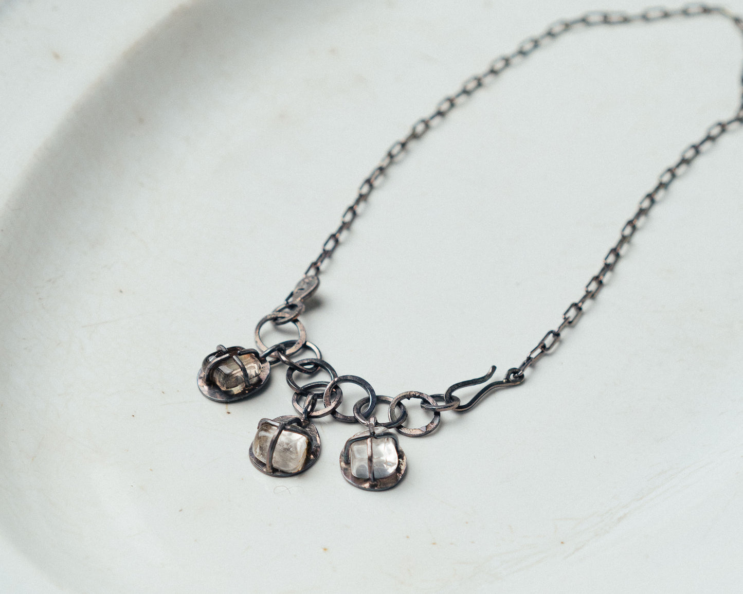 Oxidized Silver Necklace with Rutilated Quartz Trio