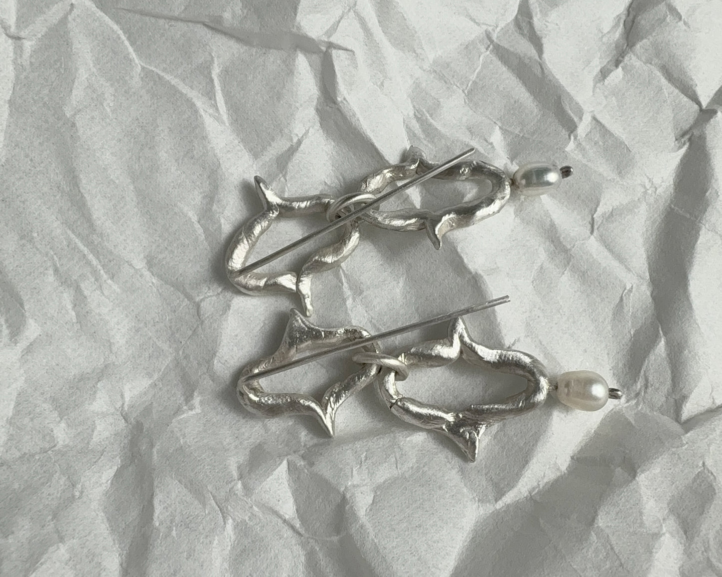 Organic Silver Link Earrings with Pearl Accent