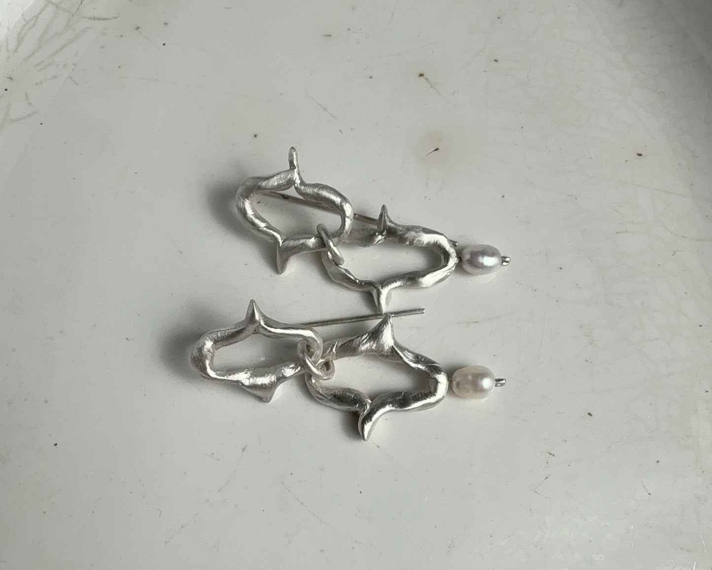 Organic Silver Link Earrings with Pearl Accent