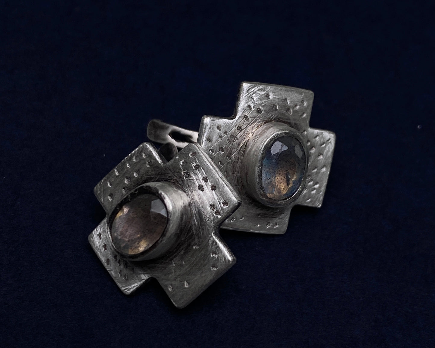 Handcrafted Textured Silver Cross Era Earrings with Labradorite Stones