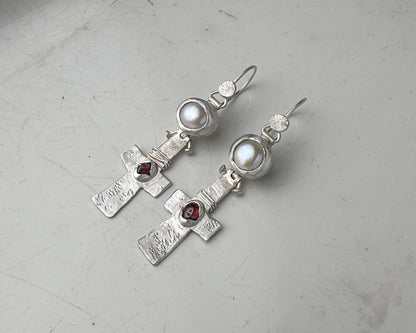 Blood Drop Pearl & Garnet Earrings