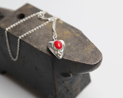 Antique-Inspired Silver Heart with Red Coral Pendant