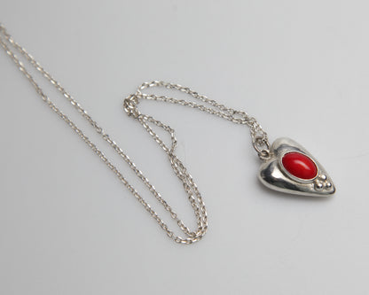 Antique-Inspired Silver Heart with Red Coral Pendant