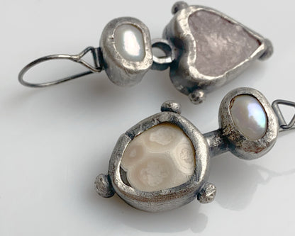 Ethereal Hearts: Pearl & Beryl Drop Earrings