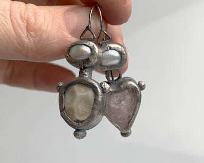 Ethereal Hearts: Pearl & Beryl Drop Earrings