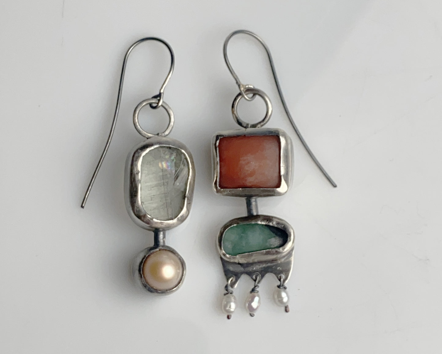 Handcrafted Silver Earrings with Chalcedony, Jade, Prasiolite, and Pearl