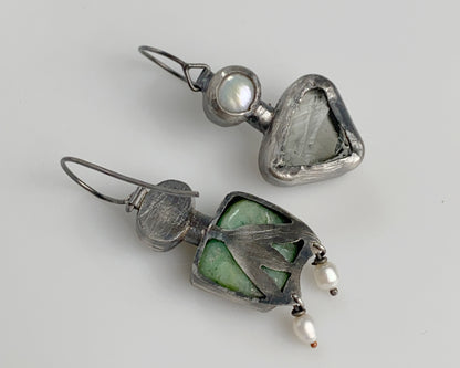 Sterling Silver Earrings with Gowlite, Chrysoprase, Prasiolite, and Pearls