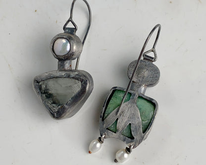 Sterling Silver Earrings with Gowlite, Chrysoprase, Prasiolite, and Pearls