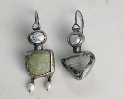 Sterling Silver Earrings with Gowlite, Chrysoprase, Prasiolite, and Pearls