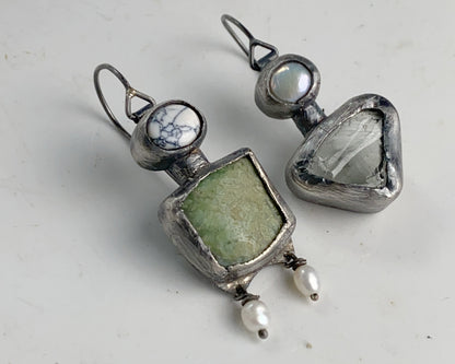 Sterling Silver Earrings with Gowlite, Chrysoprase, Prasiolite, and Pearls