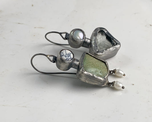 Sterling Silver Earrings with Gowlite, Chrysoprase, Prasiolite, and Pearls