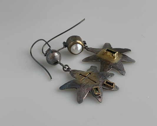 Handmade Starburst Earrings with Garnets, Green Tourmaline, and Pearl