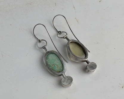 Asymmetrical Sterling Silver Earrings with Black Abalone Shell, Lemon Quartz & Chrysoprase