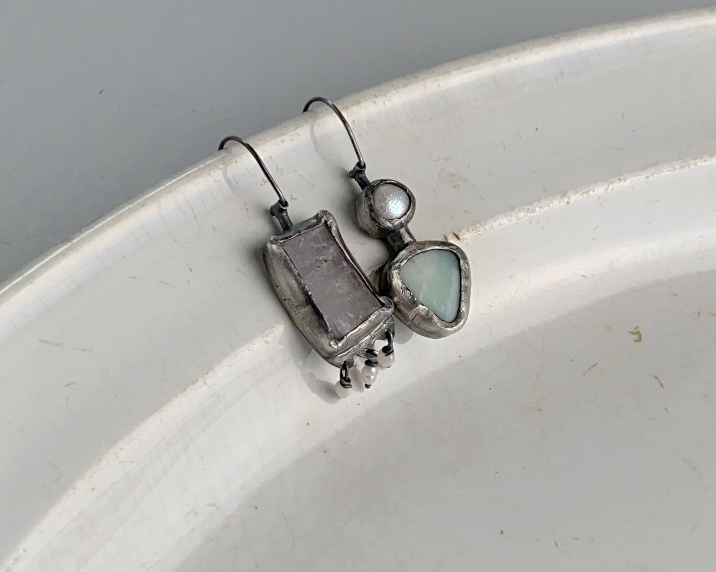 Rose Quartz,Pearl, and Chrysoprase Mismatched Dangle Earrings