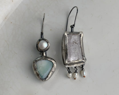 Rose Quartz,Pearl, and Chrysoprase Mismatched Dangle Earrings