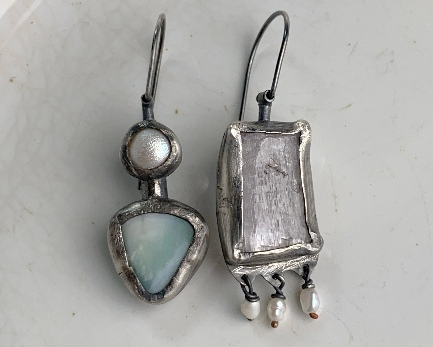 Rose Quartz,Pearl, and Chrysoprase Mismatched Dangle Earrings
