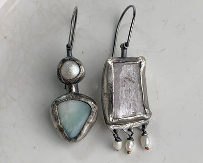 Rose Quartz,Pearl, and Chrysoprase Mismatched Dangle Earrings