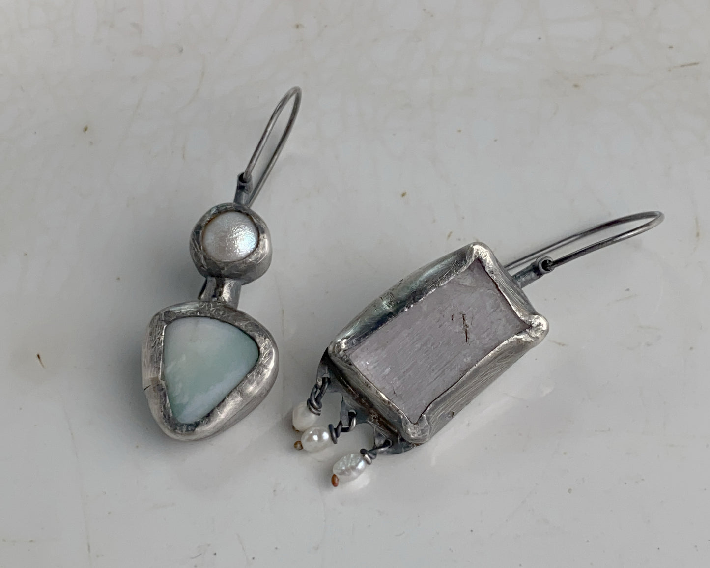Rose Quartz,Pearl, and Chrysoprase Mismatched Dangle Earrings