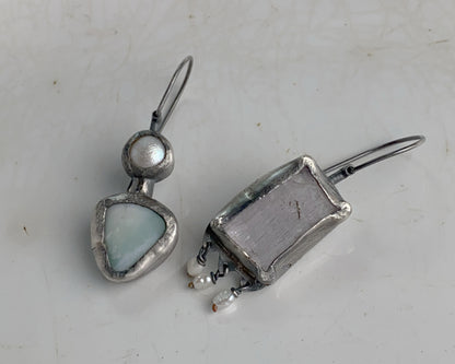 Rose Quartz,Pearl, and Chrysoprase Mismatched Dangle Earrings