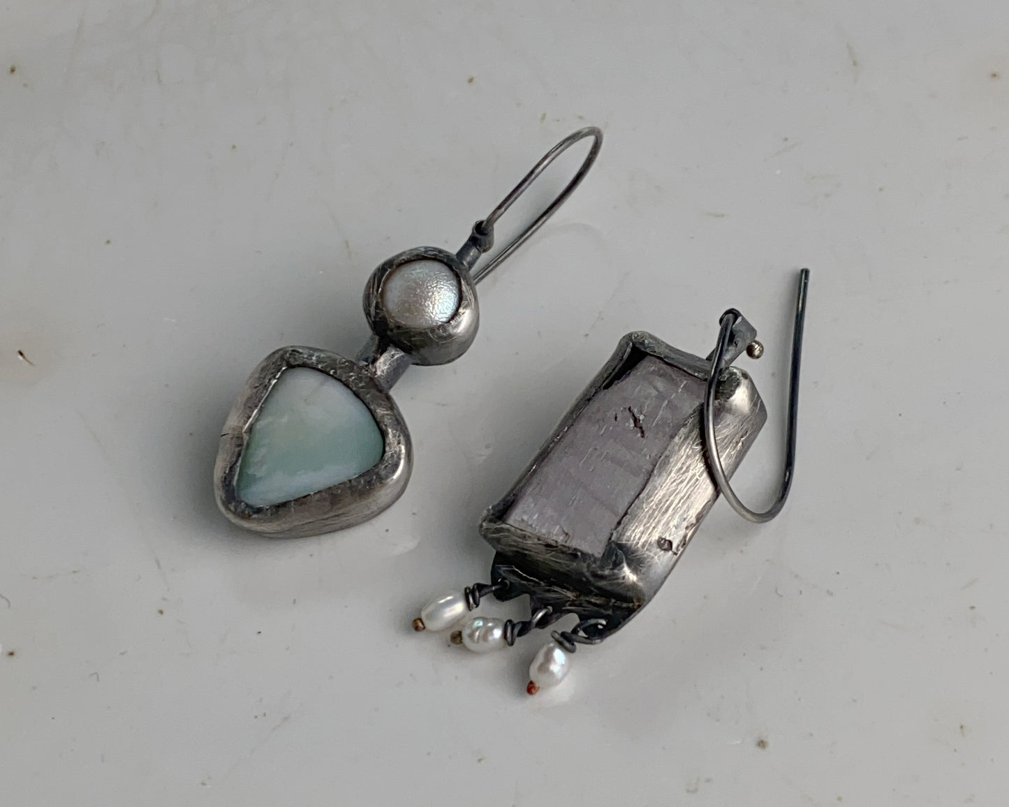 Rose Quartz,Pearl, and Chrysoprase Mismatched Dangle Earrings