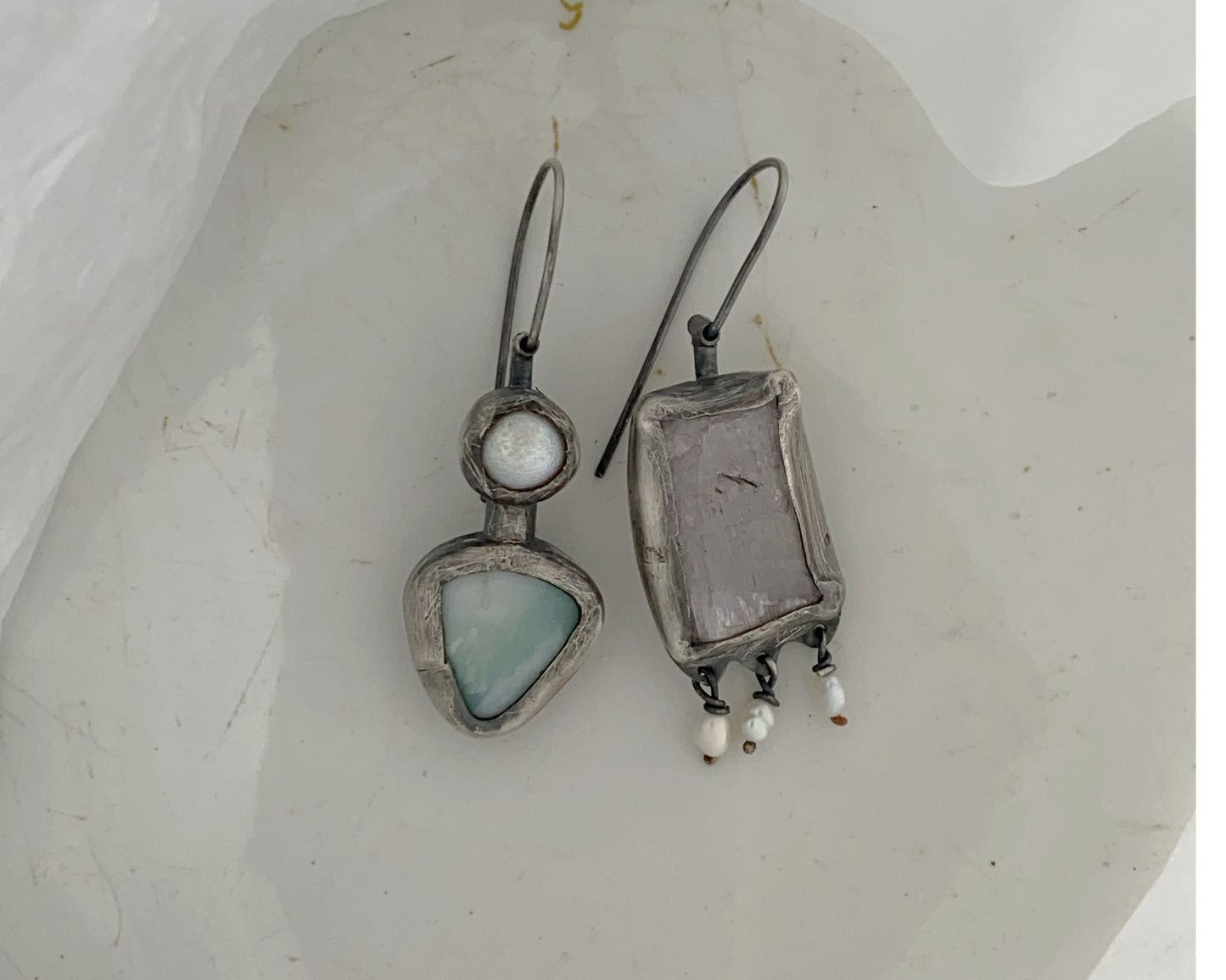 Rose Quartz,Pearl, and Chrysoprase Mismatched Dangle Earrings