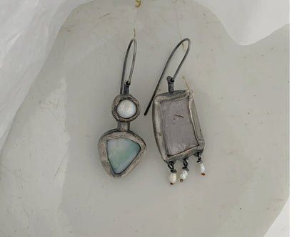 Rose Quartz,Pearl, and Chrysoprase Mismatched Dangle Earrings