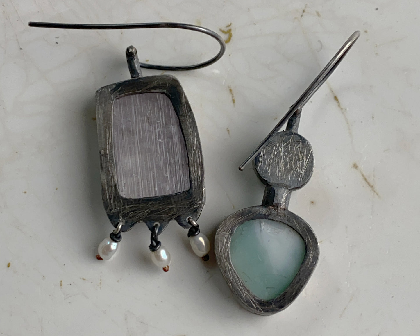 Rose Quartz,Pearl, and Chrysoprase Mismatched Dangle Earrings
