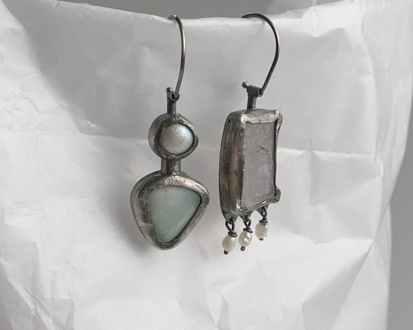 Rose Quartz,Pearl, and Chrysoprase Mismatched Dangle Earrings