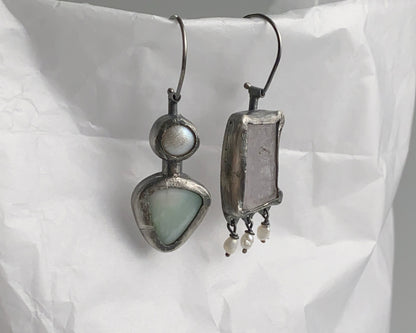 Rose Quartz,Pearl, and Chrysoprase Mismatched Dangle Earrings