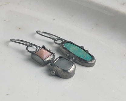 Summer Handcrafted Opal, Aquamarine & Turquoise Oxidized Silver Mismatched Earrings