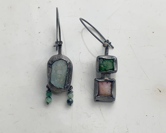 Asymmetrical Earrings with Aquamarine, Emerald, Chrome Diopside, and Pink Opal
