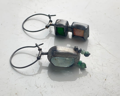 Asymmetrical Earrings with Aquamarine, Emerald, Chrome Diopside, and Pink Opal