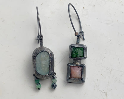 Asymmetrical Earrings with Aquamarine, Emerald, Chrome Diopside, and Pink Opal