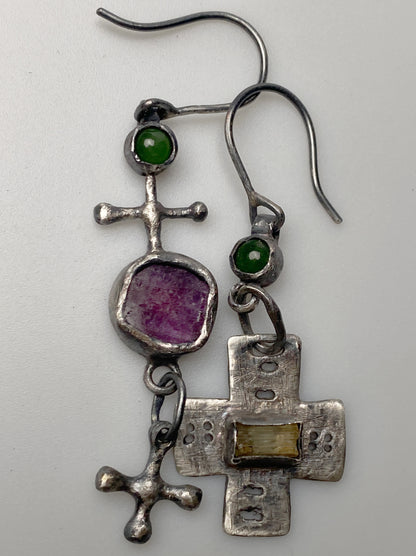 Eclectic Charm Silver Earrings with Jade, Ruby, and Scapolite