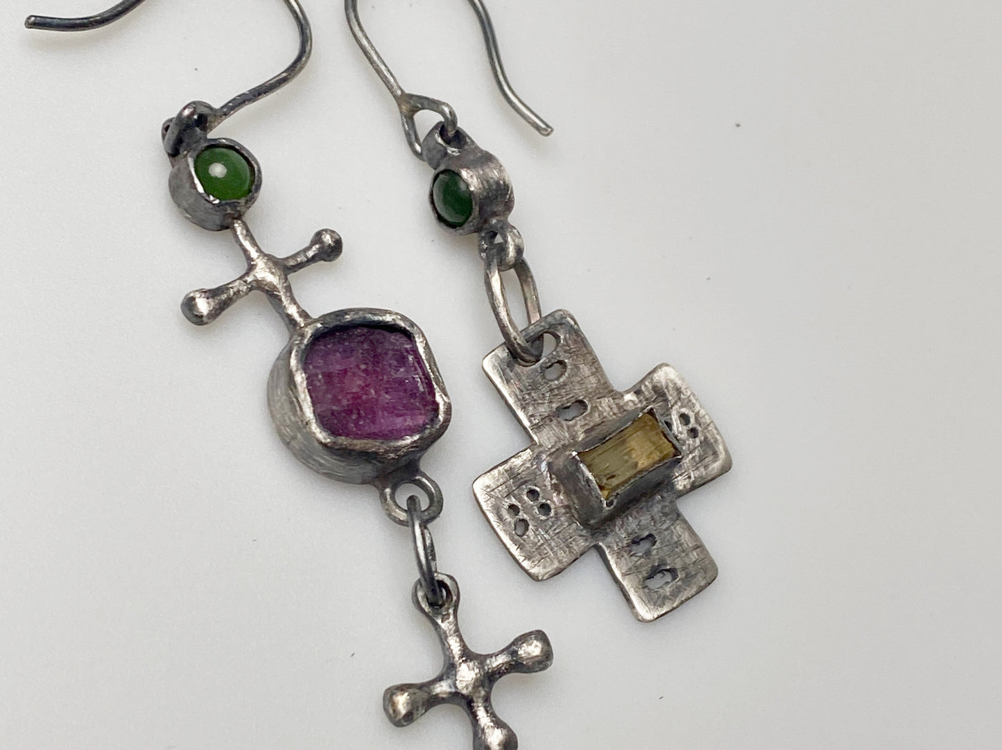 Eclectic Charm Silver Earrings with Jade, Ruby, and Scapolite