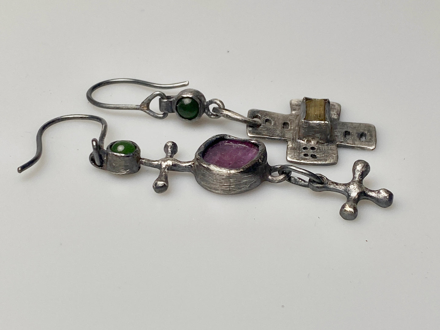 Eclectic Charm Silver Earrings with Jade, Ruby, and Scapolite