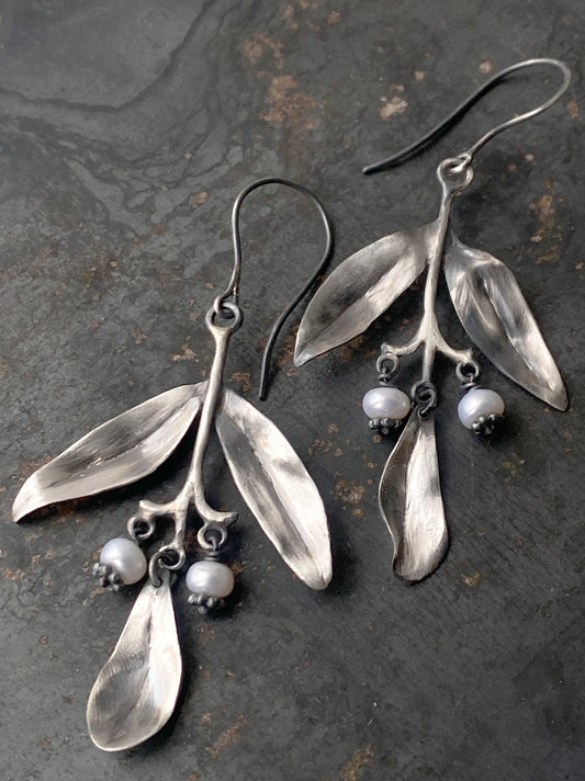 Whispering Leaves: Sterling Silver & Pearl Earrings