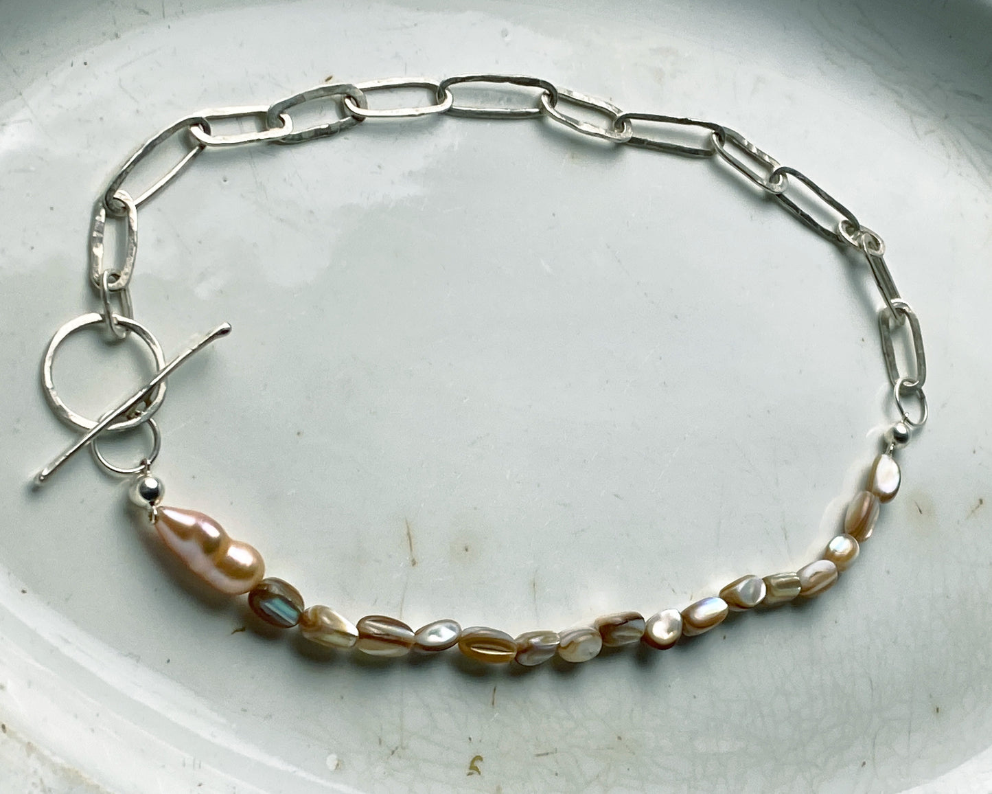 Sterling Silver Chain and Mother-of-Pearl Choker with Baroque Pearl Accent