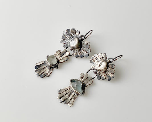 Handcrafted Silver Flower Earrings with Aquamarine and Blue Topaz