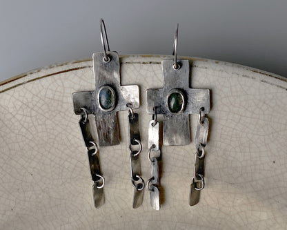 Sterling Silver Cross Earrings with Moss Agate