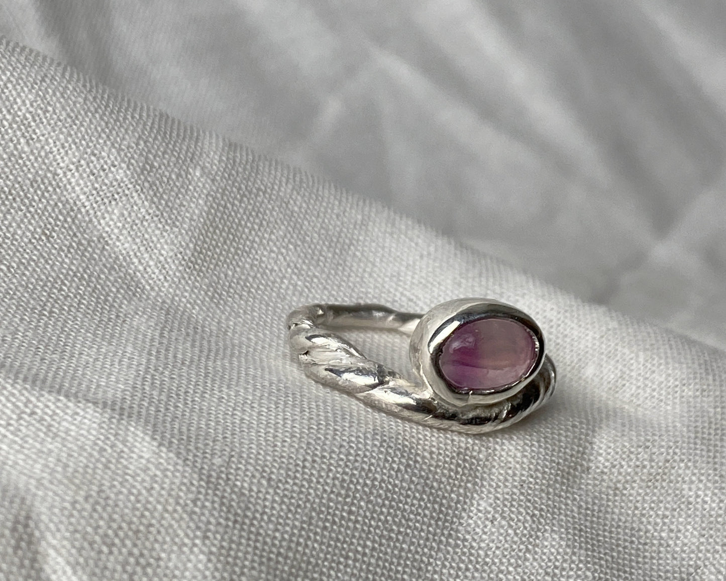 Handcrafted Sterling Silver Oval Amethyst Ring with Sculptural Design