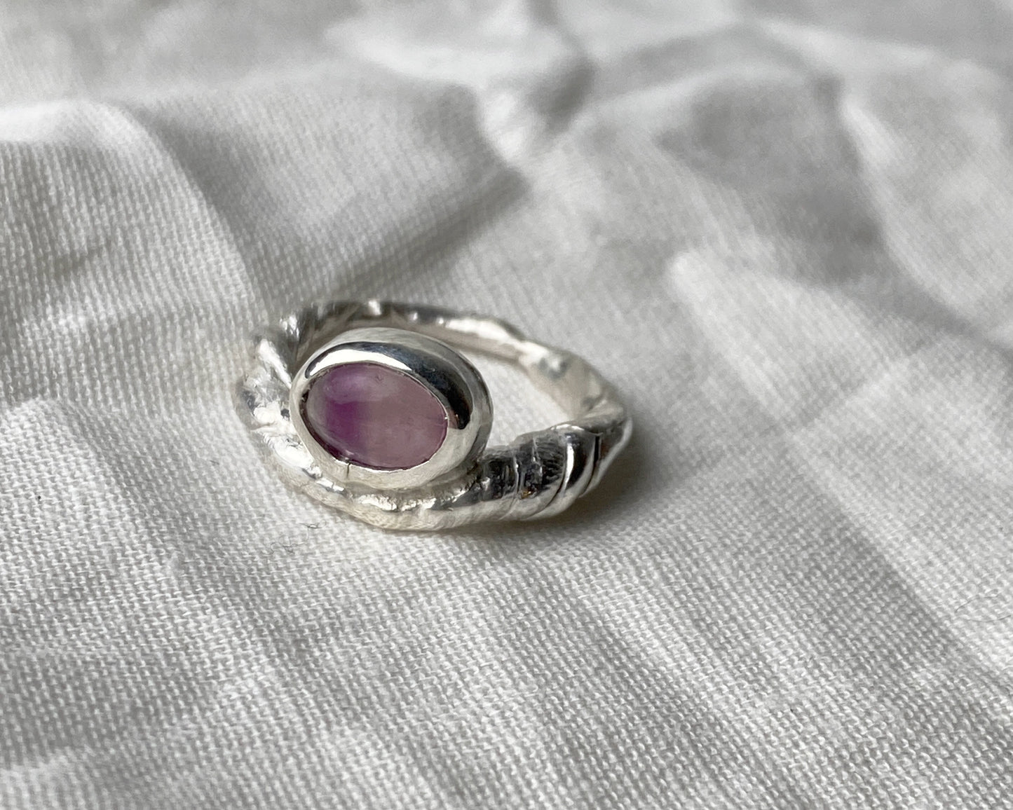 Handcrafted Sterling Silver Oval Amethyst Ring with Sculptural Design